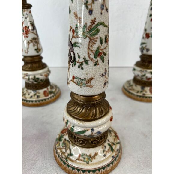 Vintage Chinoiserie Ceramic Obelisk Set 3 Brass Elephant Finials Famille Rose - Picture 10 of 16